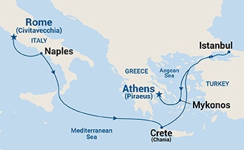 7-Day Mediterranean with Greek Isles & Turkey Itinerary Map